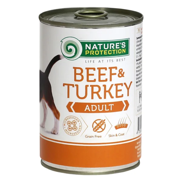 NATURE'S PROTECTION canned pet food for adult dogs with beef and turkey