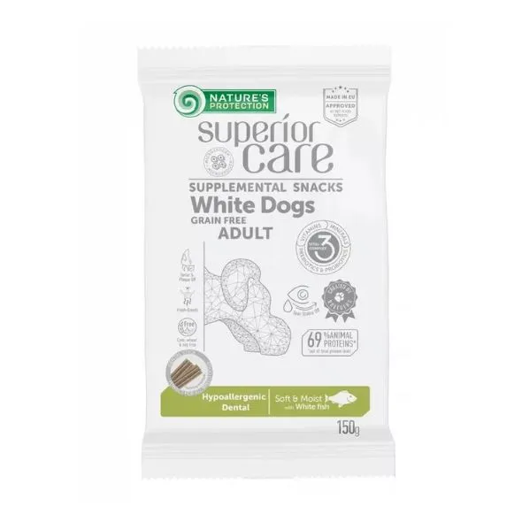 Packaging of Nature’s Protection grain free hypoallergenic dental sticks for dogs with white fish, supporting dental and coat health