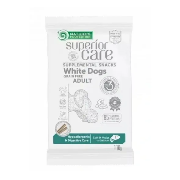 Grain free salmon puppy treats for white & light coat dogs, supporting digestion, liver, and immunity