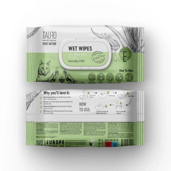 Tauro Pro Line Pure Nature pet wet wipes gently cleaning fur, paws, and muzzle