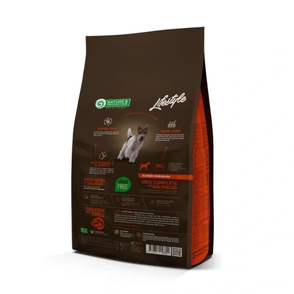 Grain free hypoallergenic dry dog food with salmon & krill as main protein sources for small & mini breed dogs, supporting digestion, skin, coat, and energy