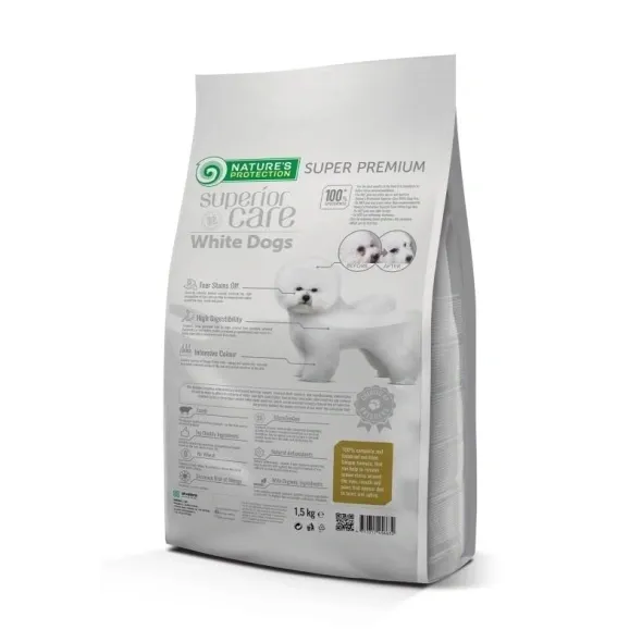 Packaging of Nature’s Protection Superior Care lamb dog food for adult small and mini white breed dogs