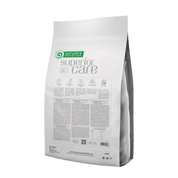 Product packaging of Nature’s Protection hypoallergenic dog food with insect protein, promoting skin, coat, and digestive health