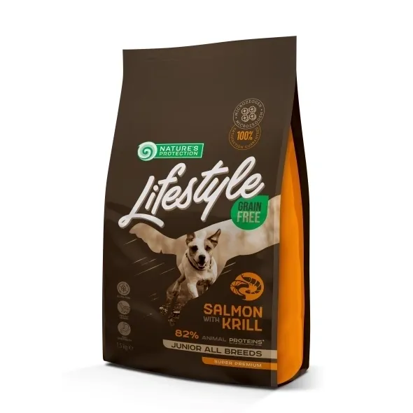 Grain free puppy food with salmon & krill for junior dogs, supporting growth, digestion, immunity, and coat