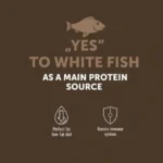 Grain free dry dog food with white fish for adult dogs, promoting skin, coat, and digestion support
