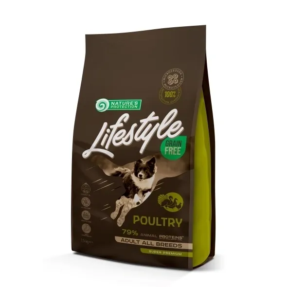 Grain free hypoallergenic dry dog food with poultry for adult dogs, supporting digestion, skin, and coat