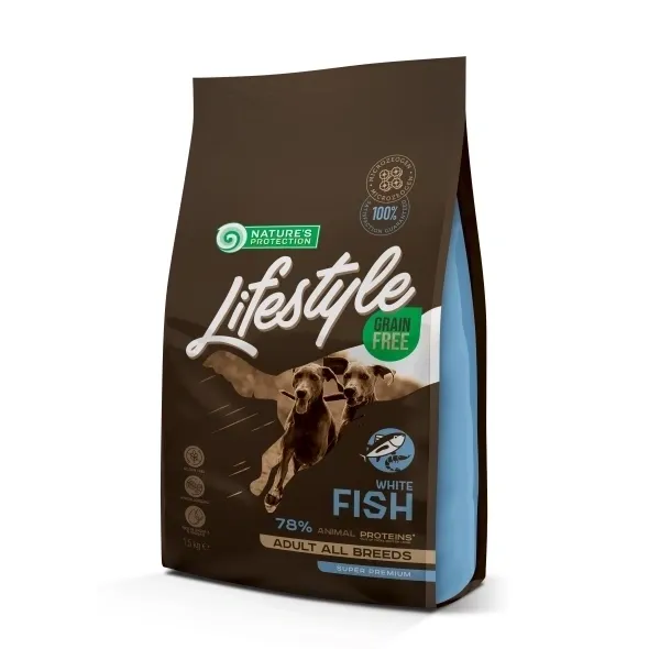 Grain free hypoallergenic dry dog food with white fish for adult dogs, supporting digestion, skin, and coat