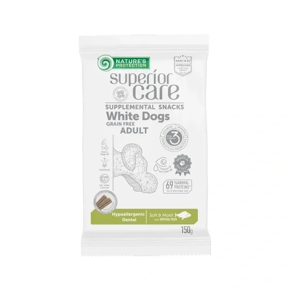 Grain free hypoallergenic dental sticks with white fish, supporting dental health, fresh breath, tear stain reduction, and immunity