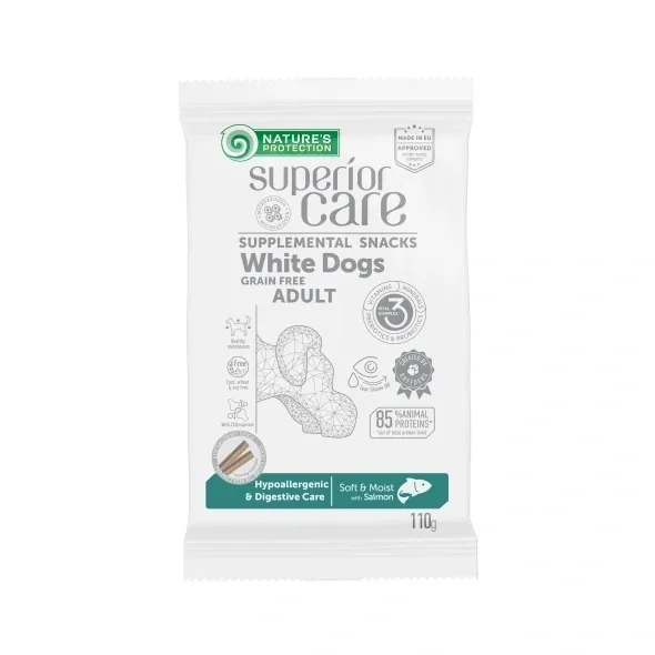 Grain free hypoallergenic salmon dog chews for adult white coat dogs, supporting digestion, skin, and coat health