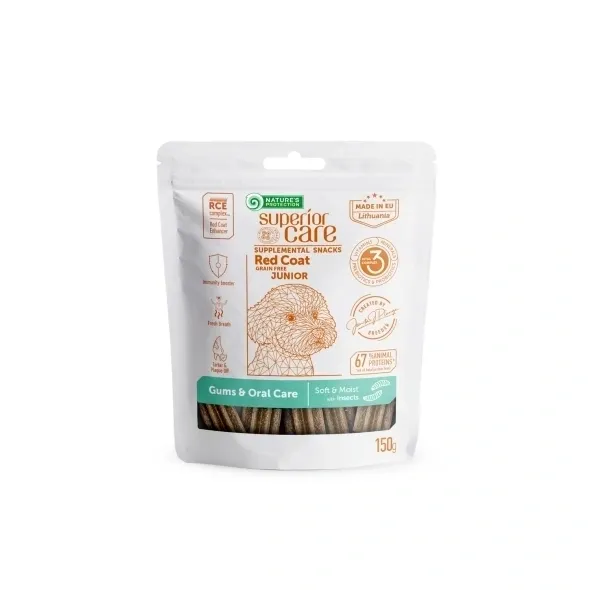 Grain-free dental sticks for junior red-coated dogs, promoting healthy gums, fresh breath, and strong teeth