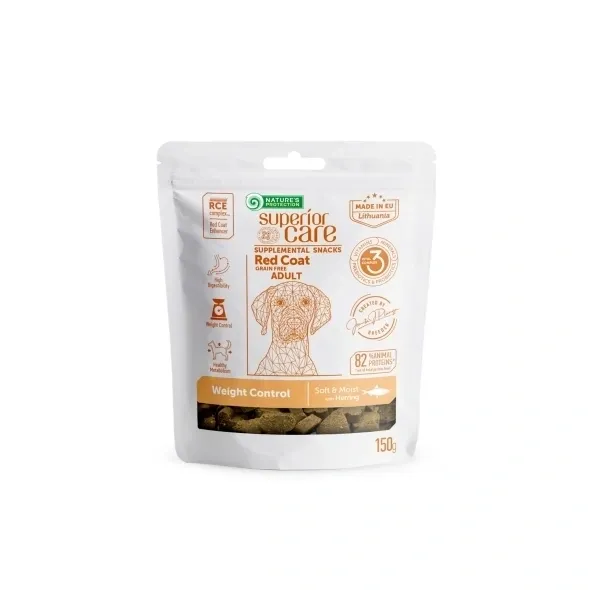 Grain-free, low-fat dog treats with herring for adult red-coated dogs, supporting weight control, skin, and coat