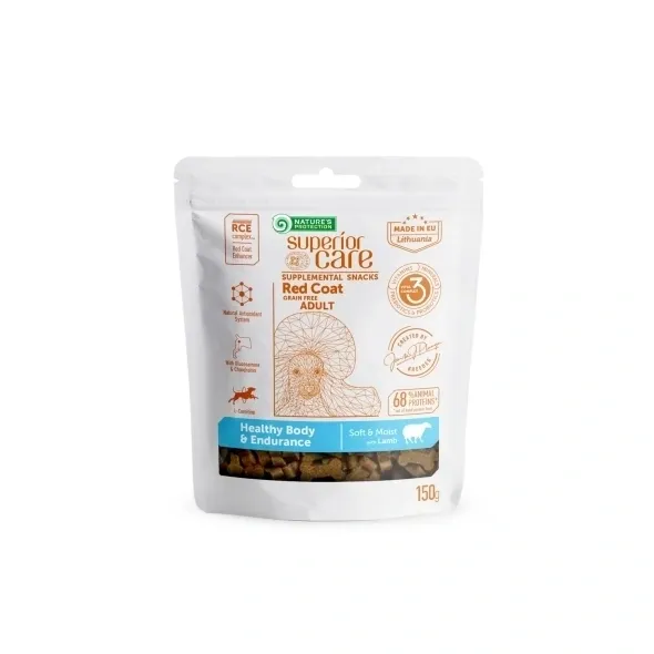Hypoallergenic grain-free dog treats with lamb for adult red-coated dogs, supporting healthy skin, coat, and endurance