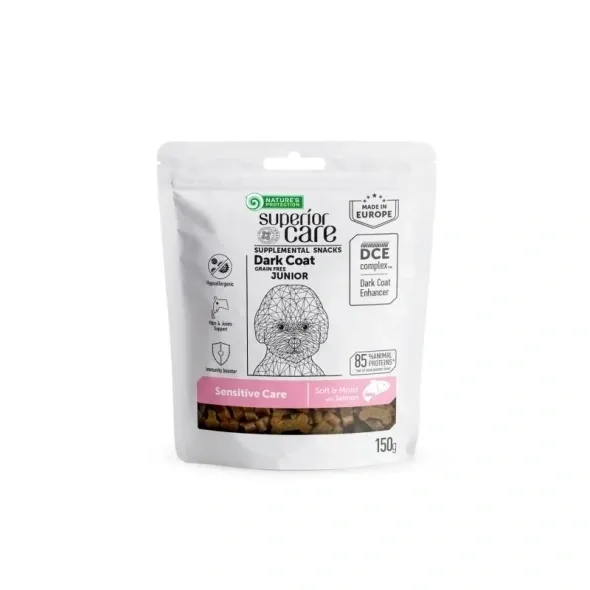 Nature’s Protection grain free puppy treats with salmon for junior dark coat dogs, supporting healthy digestion and coat